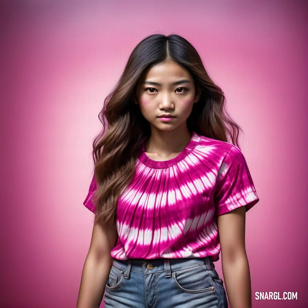 Medium violet red color example: Woman with long hair wearing a pink shirt and jeans, standing in front of a pink background