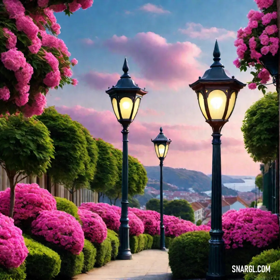Painting of a street light and flowers in a park at sunset with a pink sky and clouds in the background. Color CMYK 0,89,33,22.