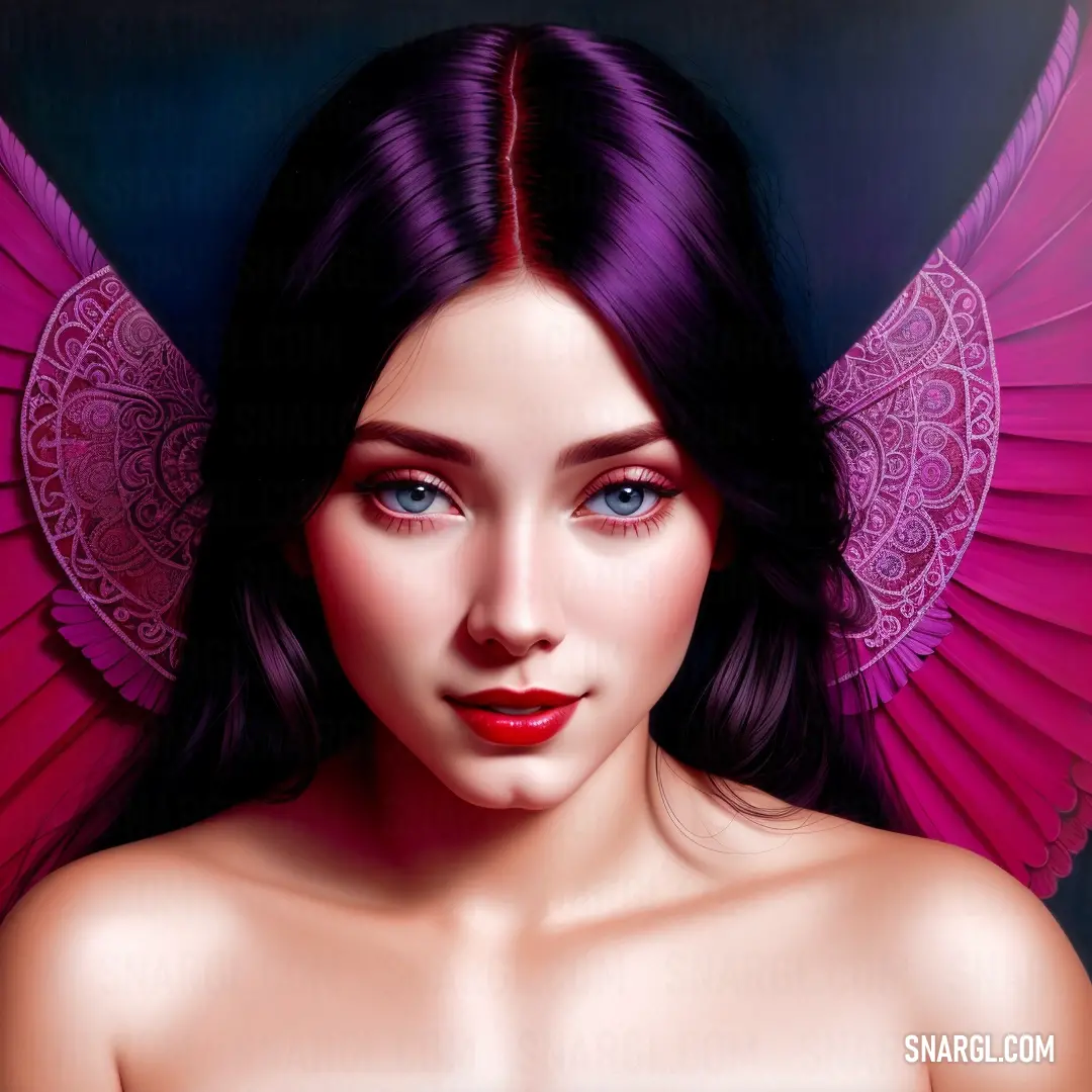 Painting of a woman with purple hair and wings on her head and chest