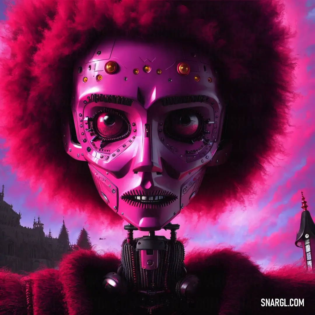 Painting of a woman with a weird hairdow and a skull face with a red hair and a purple background
