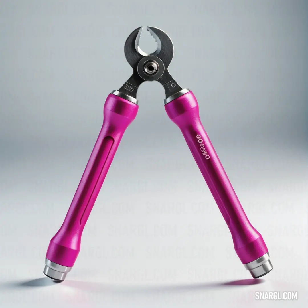 Pink pair of scissors with a black handle and a white background. Example of Medium violet red color.