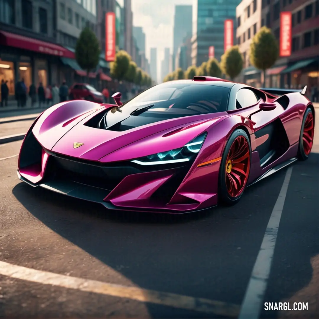 Pink sports car driving down a street next to tall buildings. Example of #C71585 color.