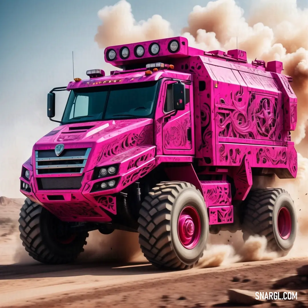 Pink truck is driving on a dirt road with smoke coming out of it's back end and a sky background. Example of CMYK 0,89,33,22 color.