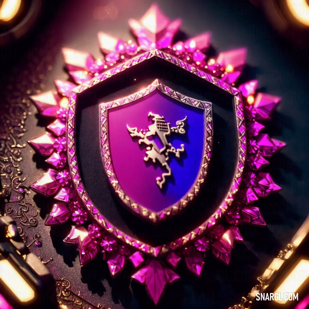 Purple shield with a cross on it is surrounded by pink spikes and jewels on a black surface with a gold border