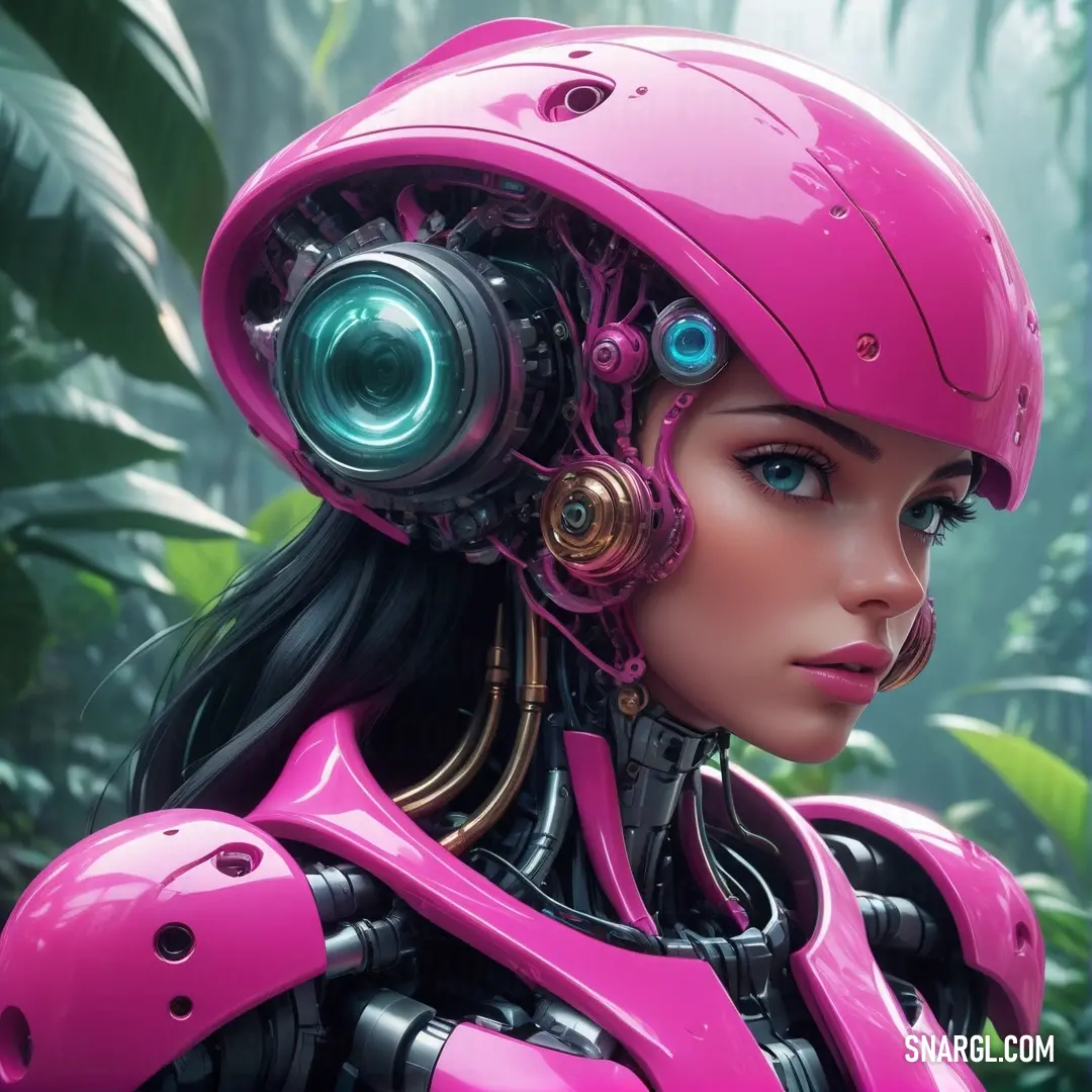 Woman with a pink helmet and a pink helmet on her head and a green plant behind her head. Color Medium violet red.