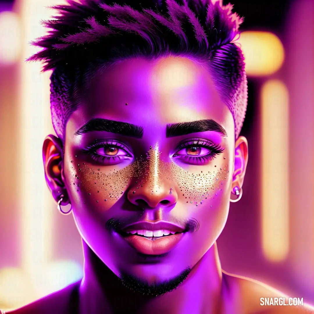 Woman with a purple make up and a mohawk hairstyle with glitter on her face and eyes