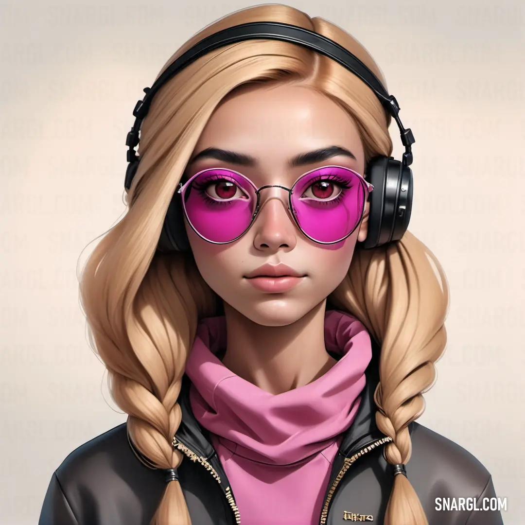 Woman with headphones and pink glasses is wearing a scarf and a jacket and a scarf around her neck. Color CMYK 0,89,33,22.