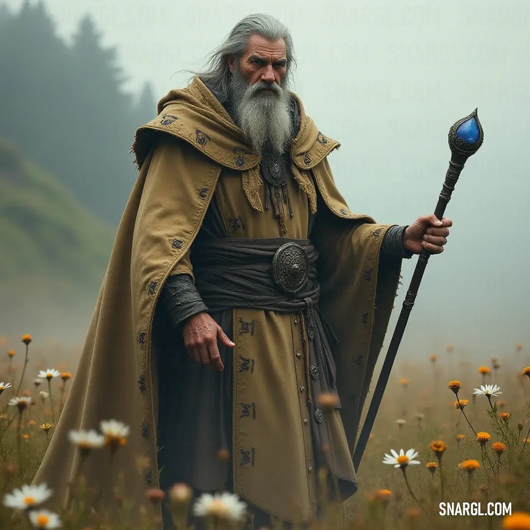 In a colorful meadow adorned with blossoming flowers, a venerable figure holds a staff, embodying wisdom and tranquility amidst nature's stunning display of life and beauty. A wise sage with a long beard and flowing robe holds a staff amid a vibrant field bursting with flowers and daisies, radiating a serene aura in a landscape rich with life and color.