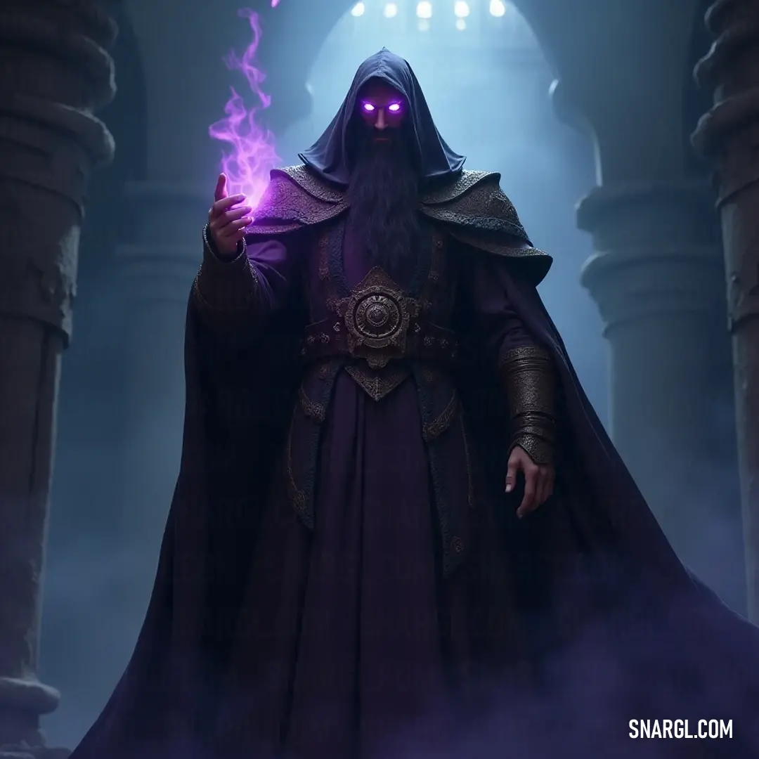 A powerful sorcerer, adorned in rich purple robes, commands a mystical orb that pulsates with energy, illuminating his gaze in an enchanting display of magic. A sorcerer dressed in deep purple robes holds an orb of glowing energy, radiating a captivating light from his eyes, as he stands against a backdrop of mystic energy swirling around him.