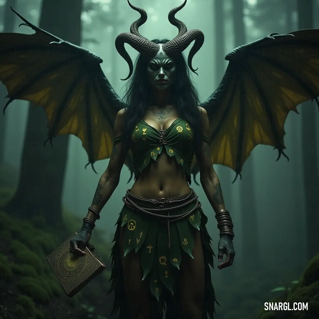 Medusa, a figure of legend, merges with the wild beauty of the forest. Her wings and horns add to her formidable allure, while the book in her hands hints at untold stories waiting to be uncovered. Medusa, with twisted horns and majestic wings, gazes eerily from the heart of a mysterious forest. In her hands, she holds an ancient book, its pages seemingly alive with secrets, as the magical surroundings hum with energy.