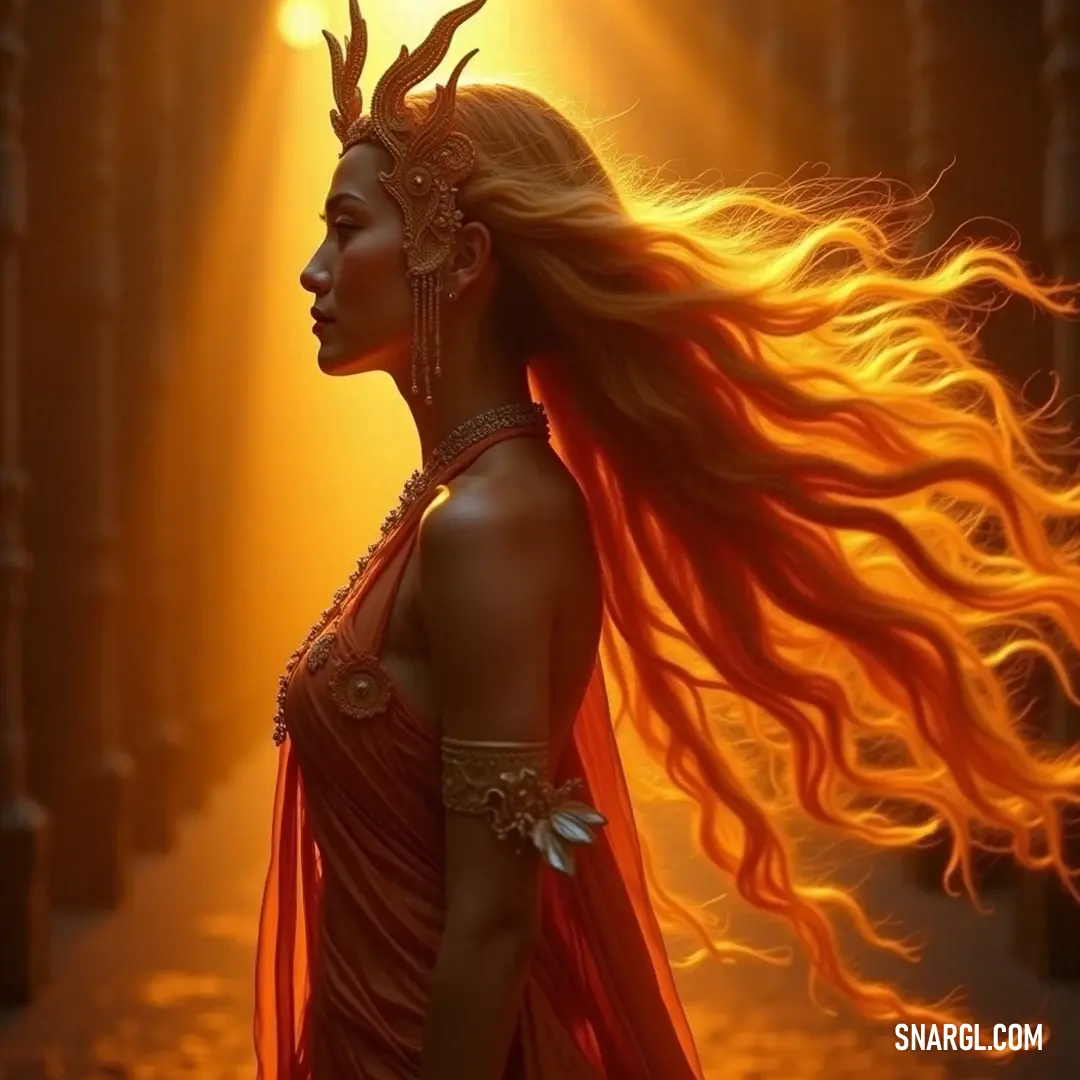 Meenal, adorned with a crown and long flowing hair, stands gracefully in a dark alley, the light cascading through her locks and illuminating her ethereal beauty as she embraces her regal presence.