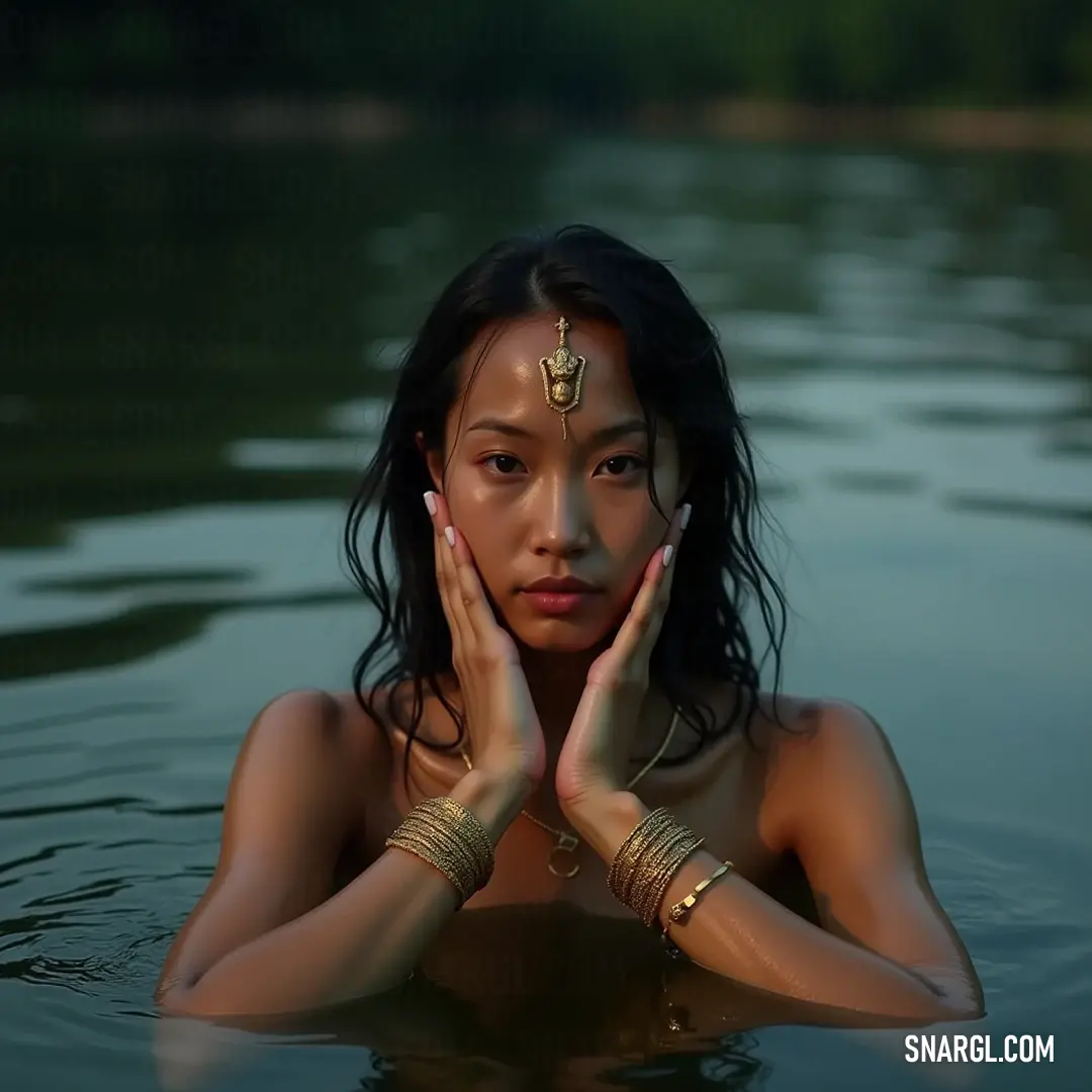 Meenal immersed in nature, showcasing tranquility with her hands on her face amidst the shimmering water. A serene moment captured as Meenal gracefully poses in a tranquil body of water, with her hands thoughtfully placed on her face, reflecting a blend of beauty and introspection.