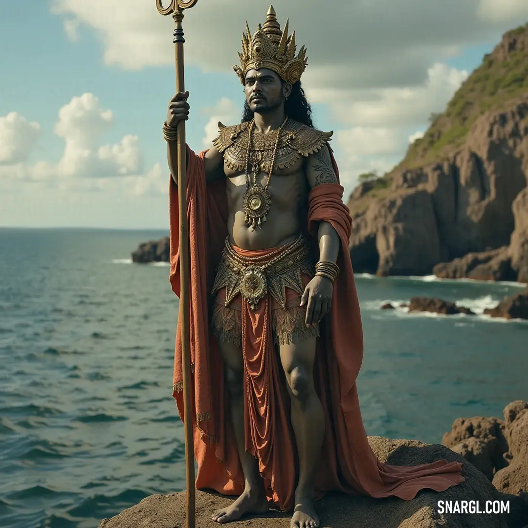 A commanding presence on a rocky shore, she holds her staff aloft, symbolizing strength against the breathtaking backdrop of ocean and sky. A powerful figure stands boldly on a rocky outcrop by the ocean, holding a staff high against the dramatic horizon, embodying strength and resilience as the waves crash below and the sky stretches endlessly above.