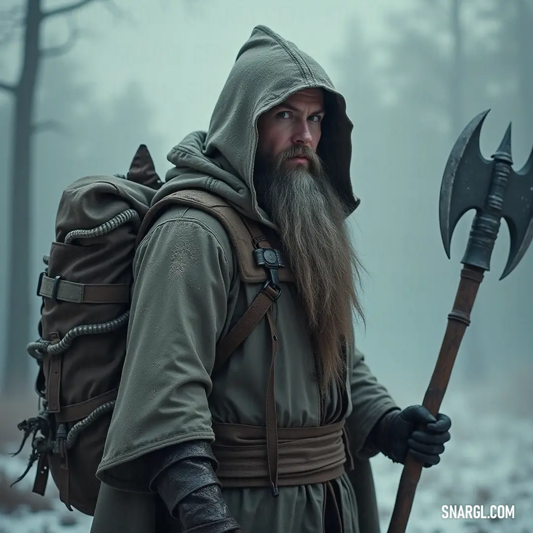 In a mystical foggy forest, a formidable figure clad in a hood wields a large axe, ready for the adventures that lie ahead. The towering trees form a captivating backdrop, enhancing the sense of awe.