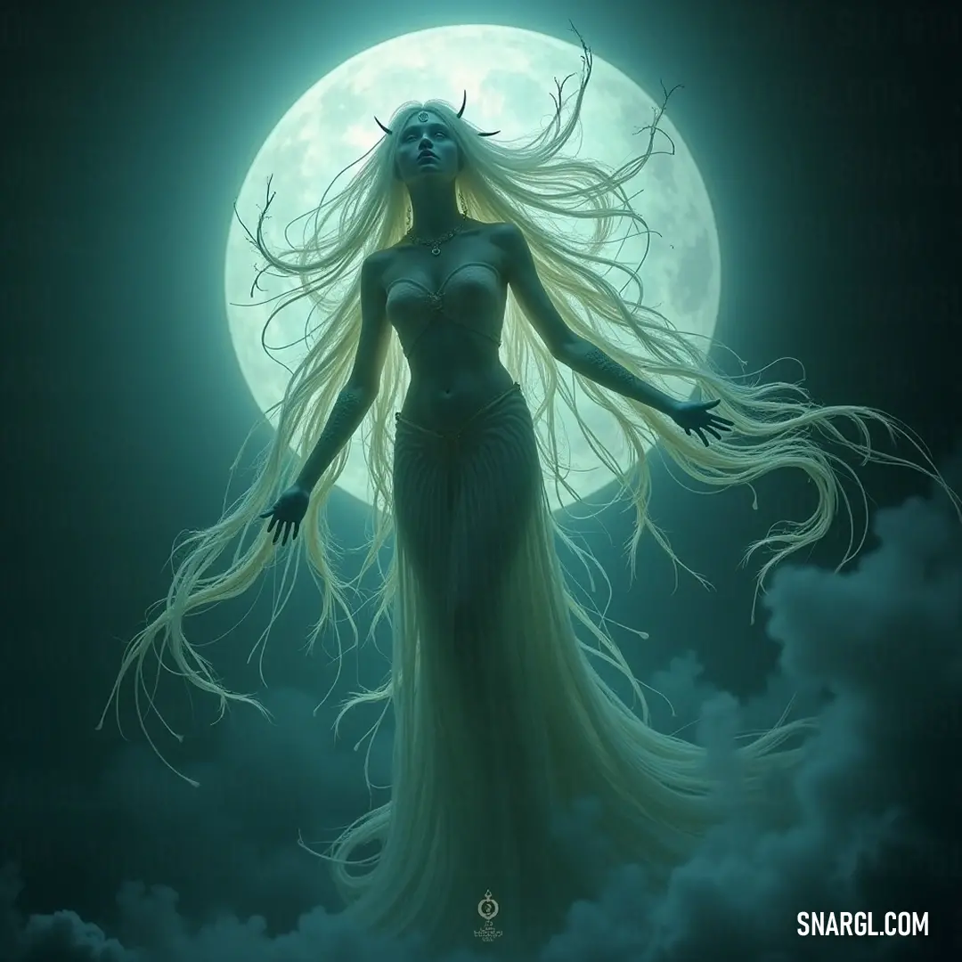 Melaina delicately emerges from the clouds, illuminated by a full moon, embodying the mystical and celestial beauty of the night sky. Bathed in moonlight, Melaina stands gracefully amidst the clouds, her flowing hair fluttering softly behind her, creating an ethereal scene that blends the earthly with the celestial.