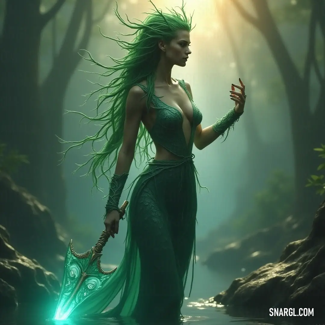 Melaina, a magical being with green hair, poses in a tranquil forest by a shimmering stream and beautiful rocks, embodying the essence of nature's harmony. A mystical figure named Melaina, adorned with vibrant green hair and a flowing green dress, stands gracefully in a serene forest with a sparkling stream and smooth, colorful rocks reflecting the lush surroundings.