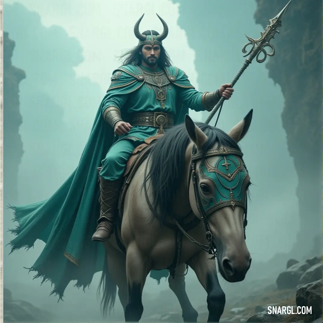 Melchior, in a green outfit and horned headdress, rides a horse through an open field, holding a spear, exuding strength and nobility. Melchior, dressed in a vibrant green outfit, rides a horse through an open field, a spear in hand and a horned headdress perched proudly on his head. The scene captures his commanding presence amidst the rolling landscape.