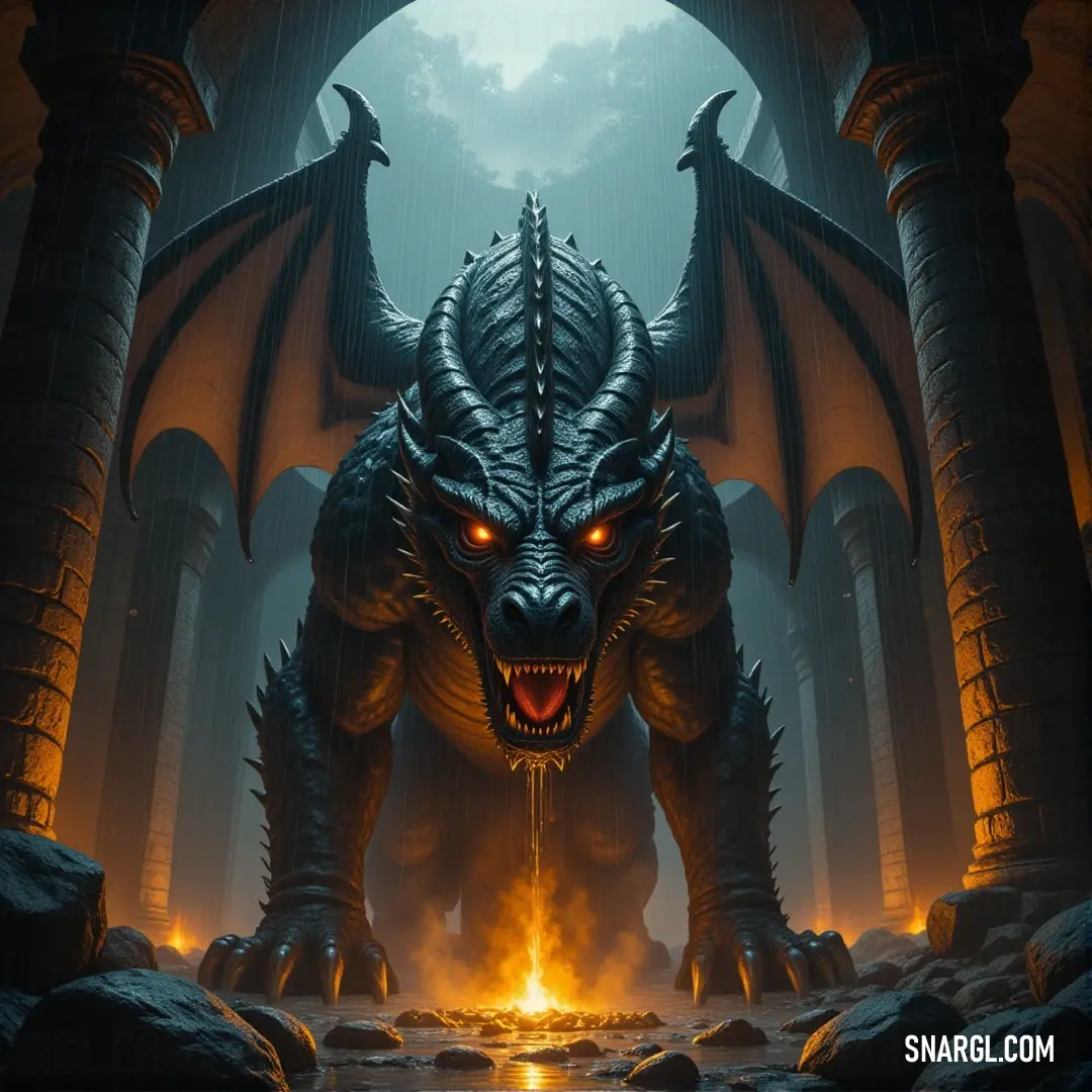 A towering figure of Melchior, his glowing eyes intense, stands before a massive wall of fire, his enormous form illuminated by the blaze, as he looms near a stone archway.