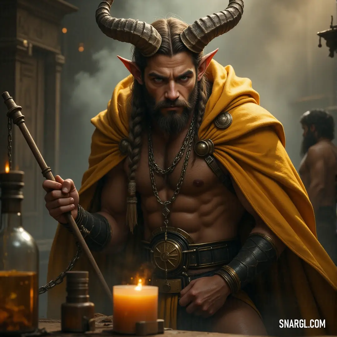 A horned figure stands in solemn stillness, candle and staff in hand, as an aura of ancient wisdom surrounds him. Dressed as a horned god, a mysterious figure stands in the midst of a dimly lit space, holding a candle in one hand and a staff in the other, his gaze fixed on something unseen in the distance.