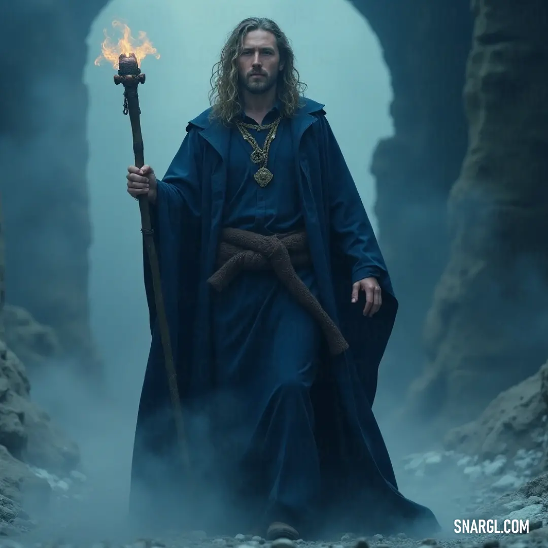 Melilot Brandybuck, clad in a vibrant blue robe, wields a staff with a flame dancing at its tip, adding a mystical element to his rugged cave surroundings.