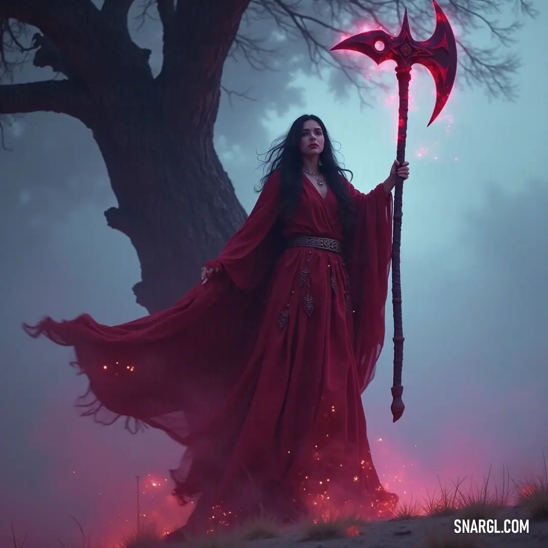 A captivating sorceress in a vibrant red dress, standing in a fog-laden forest with a shimmering red scepter and an impressive staff, her essence blending with the enchanting atmosphere of the mist. A mysterious sorceress clad in a flowing crimson gown stands poised in a misty forest, holding a radiant red scepter in one hand while gripping a majestic staff in the other, her presence intertwining with the magical aura of the fog around her.