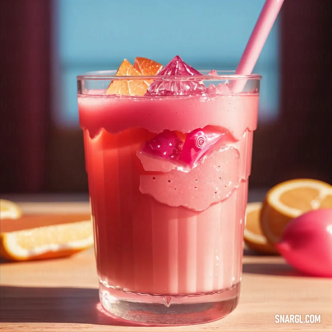 Glass of pink liquid with orange slices and a straw in it on a table with a blue background