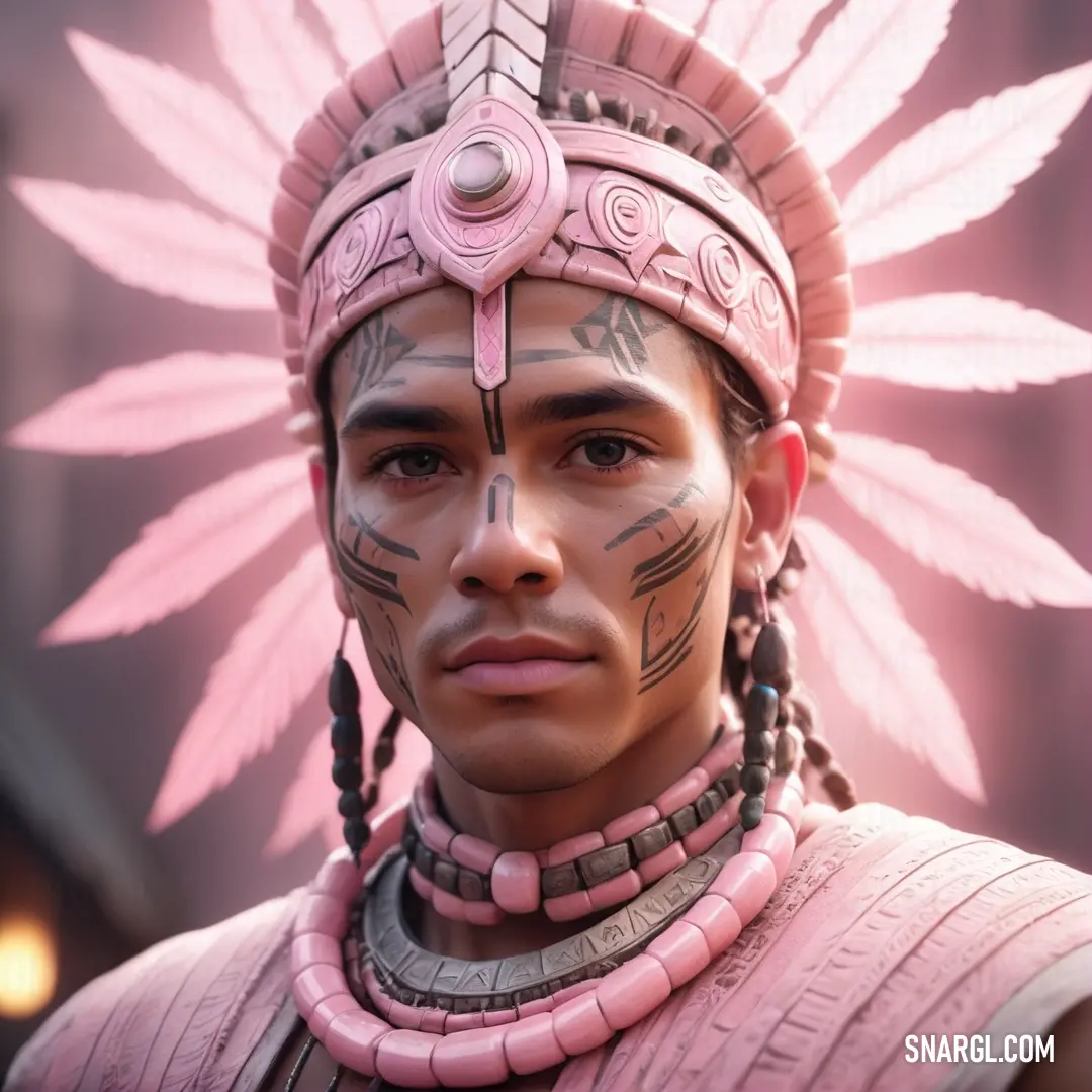 Man with a pink headdress and a pink feathered hat on his head and a pink feathered headdress. Color Melon.
