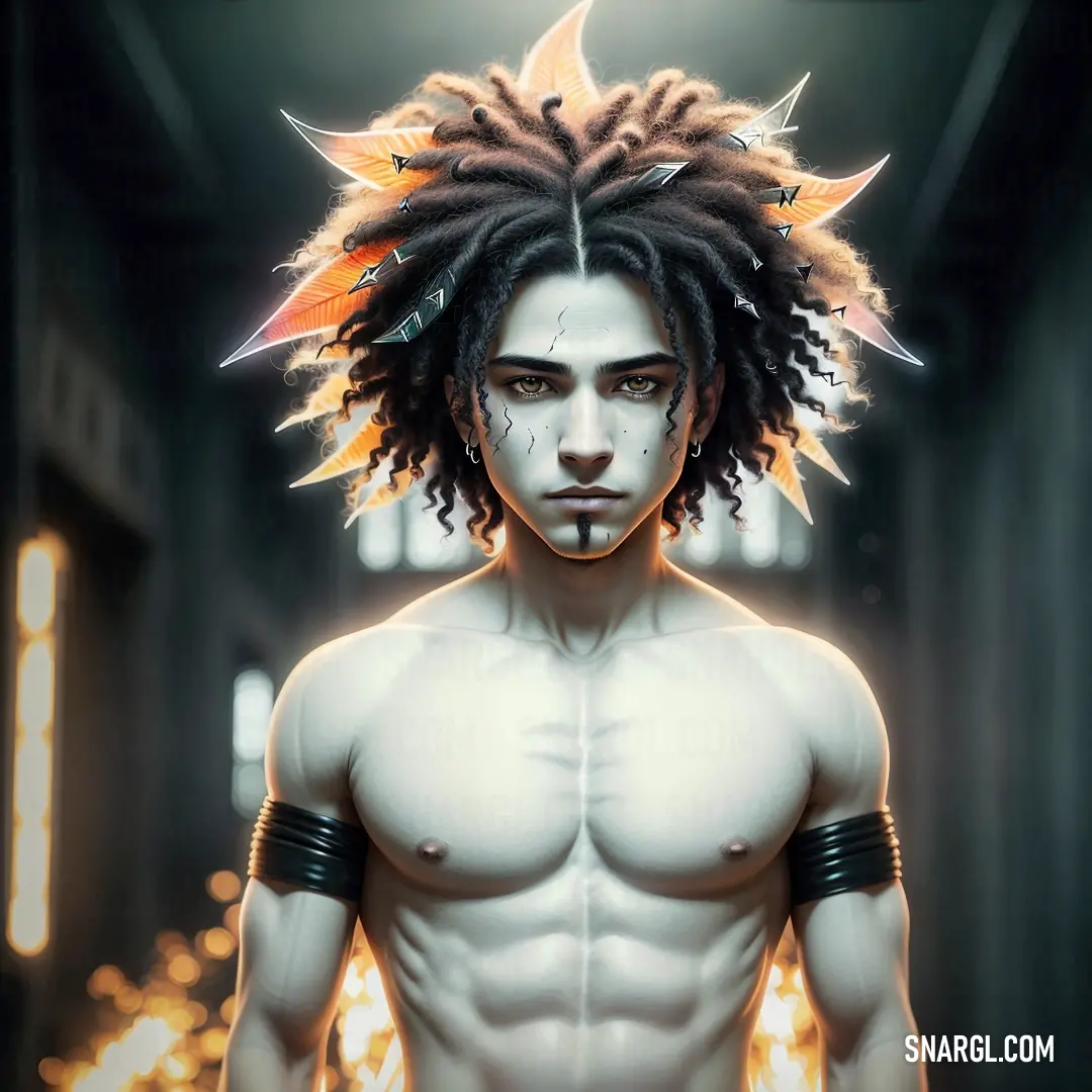 Man with dreadlocks and a shirtless body in a hallway with lights on the wall behind him