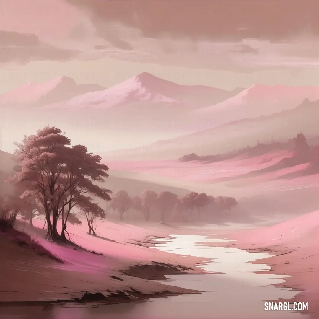 Painting of a river and a mountain range in the distance with a pink sky and clouds above it. Color #FDBCB4.