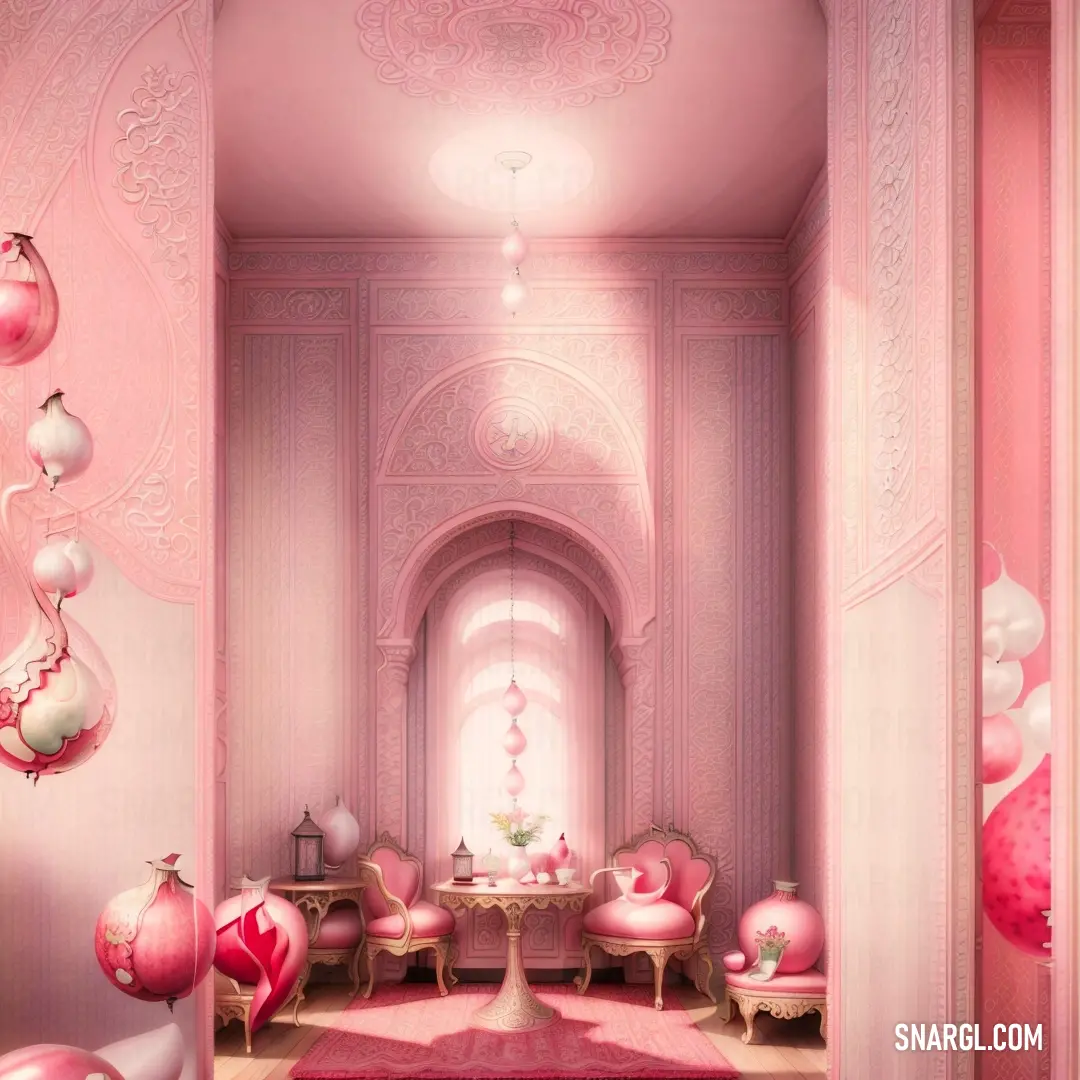 Pink room with a pink rug and pink furniture and decorations on the walls and floor
