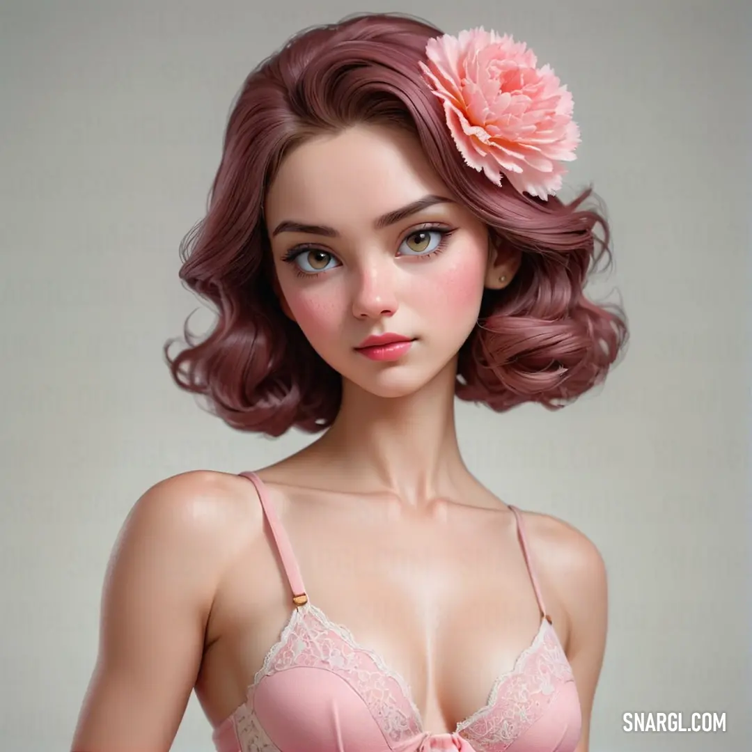 Woman with a pink bra and a flower in her hair is posing for a picture in a pink bra. Color #FDBCB4.