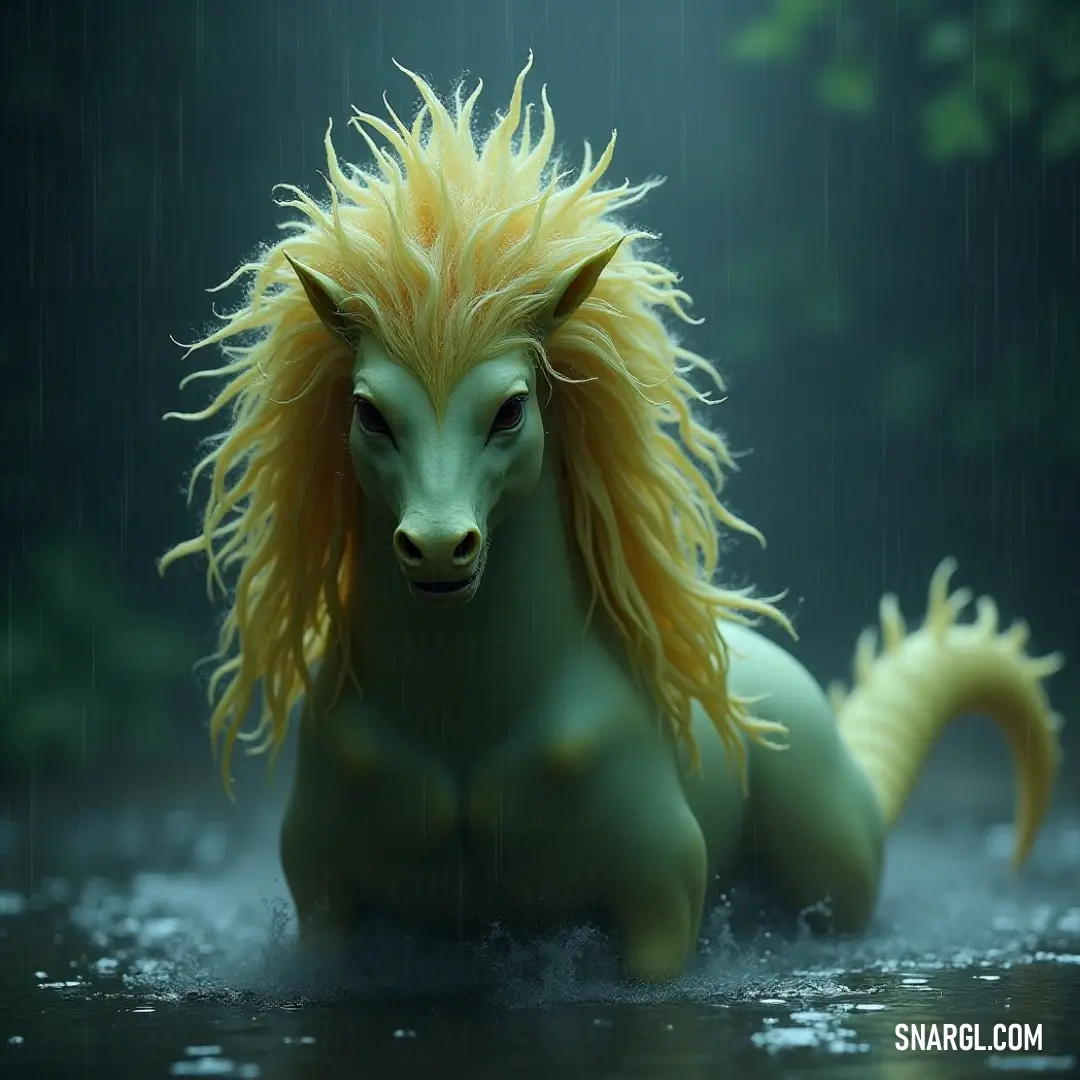 Melusina's ethereal steed with a cascading mane, poised in tranquil waters beneath a gentle rain shower. A graceful water steed named Melusina, with a flowing mane cascading over its shoulders, stands elegantly in a serene pool as raindrops dance around it, enhancing the enchanting aura of this magical creature.