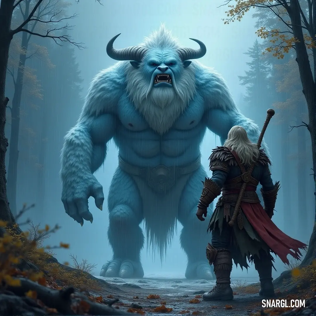 A horned figure and a towering beast stand side by side in an eerie forest, their presence felt through the mist and shadow that surrounds them. A horned figure stands tall in a dense forest, a massive creature looming behind him. The forest is shrouded in mist, and the pair stand as one, creating an imposing presence in the shadowy wilderness.