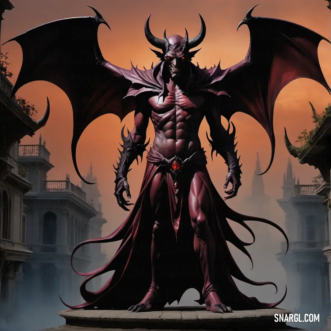 Demonic Mephisto standing in front of a castle at sunset with his wings spread out