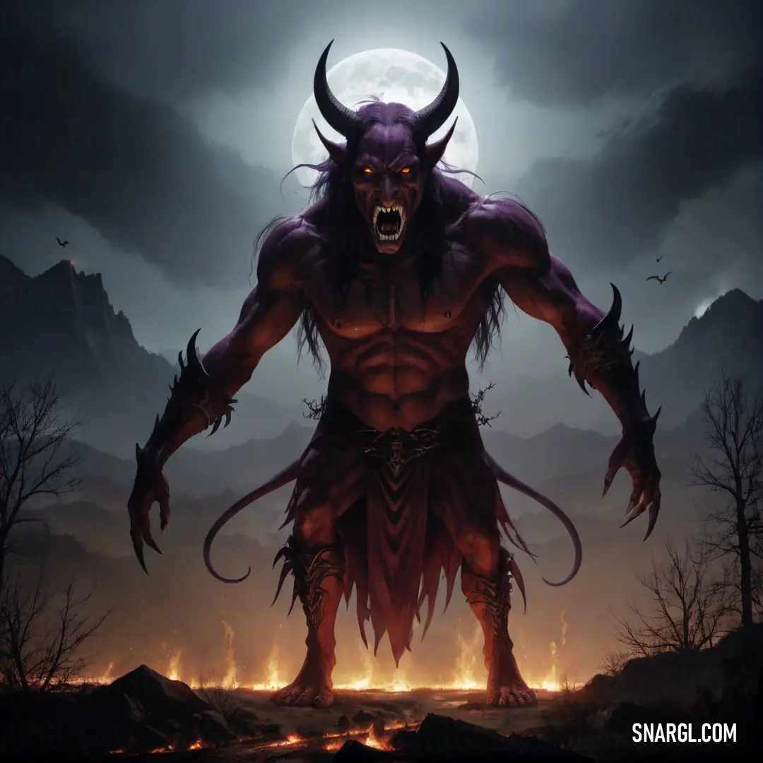 Demonic Mephisto standing in a field with a full moon in the background and a dark sky with clouds