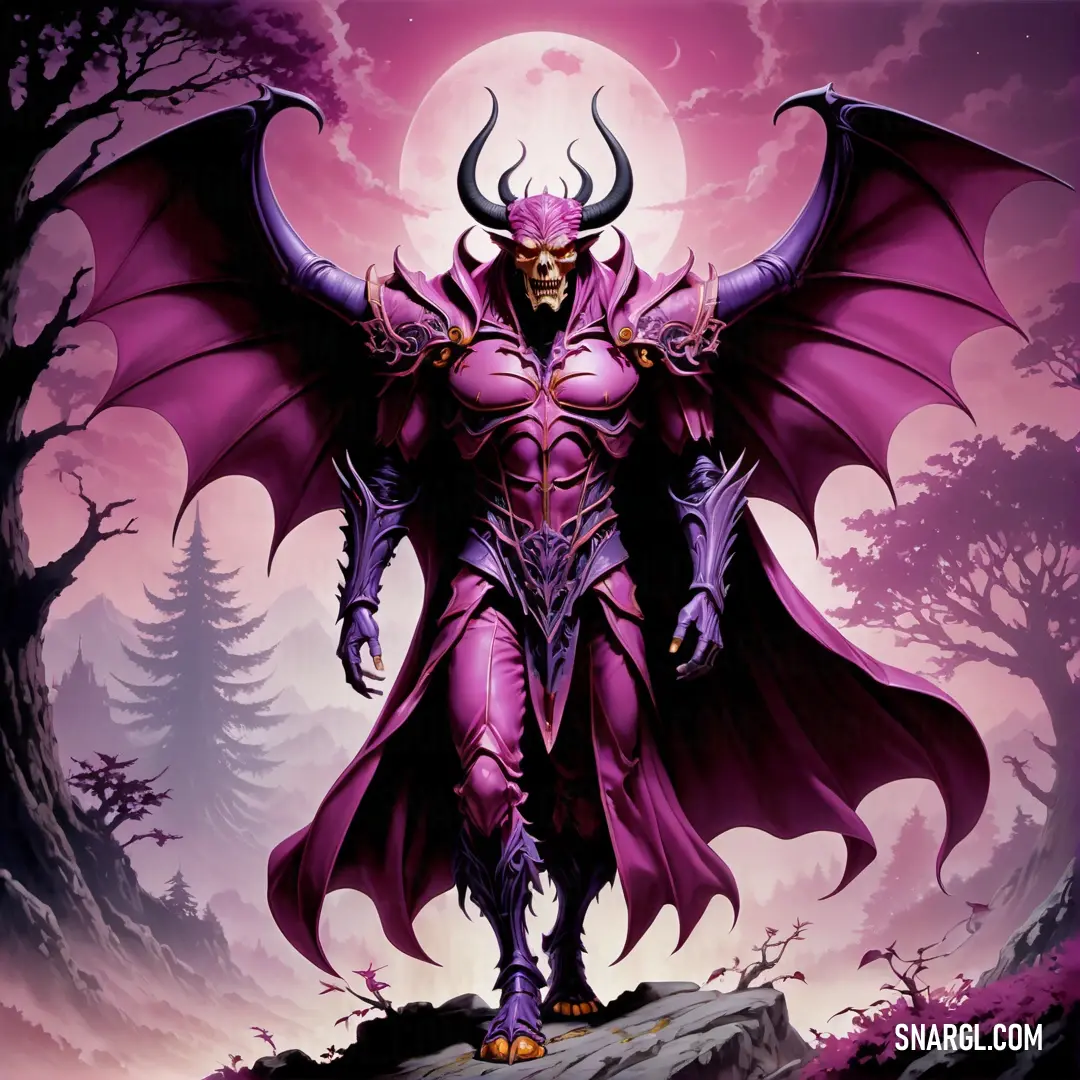 Demonic Mephisto with horns and a huge body of purple paint on it's face and wings