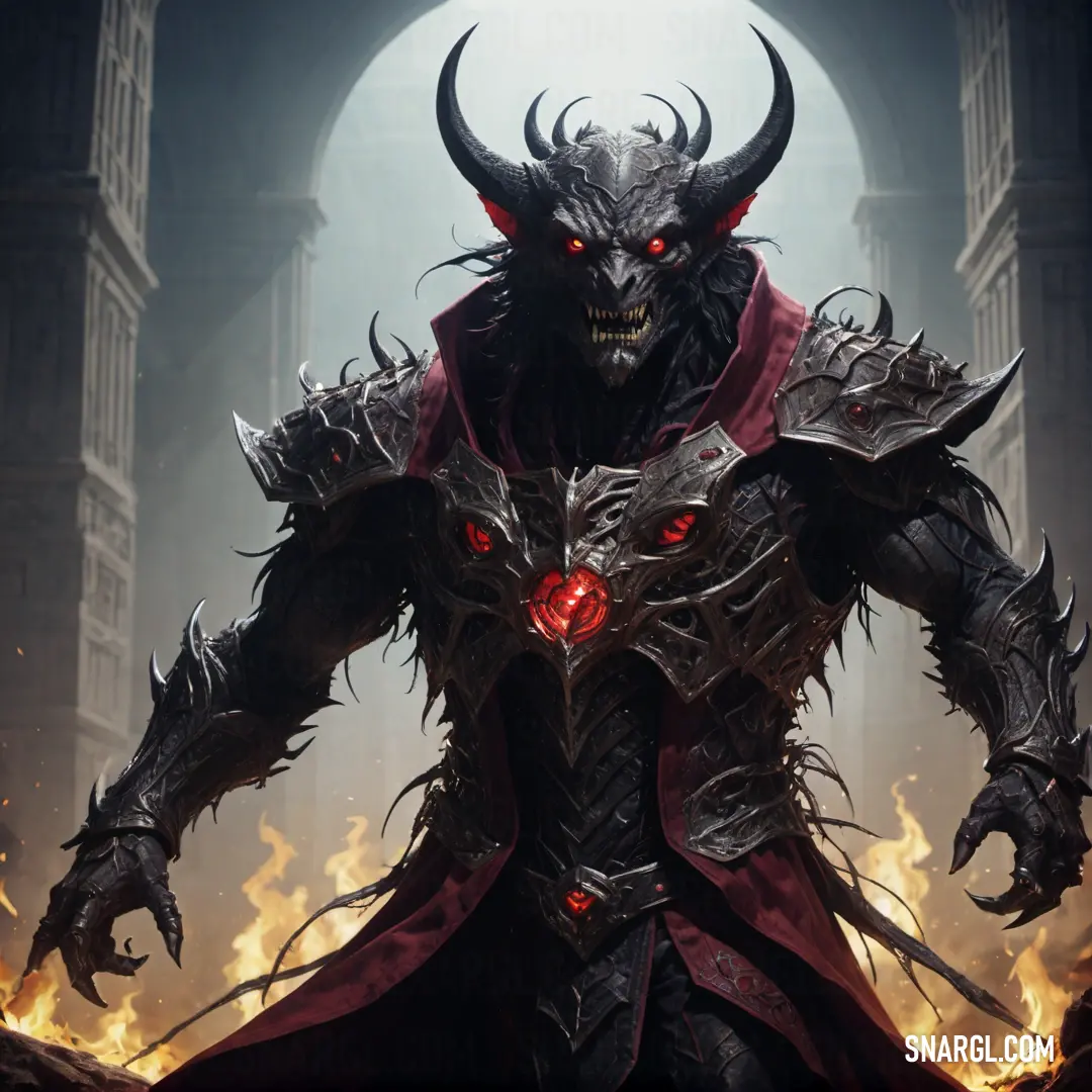 Mephisto with horns and a red eye in a dark castle setting with flames in the foreground
