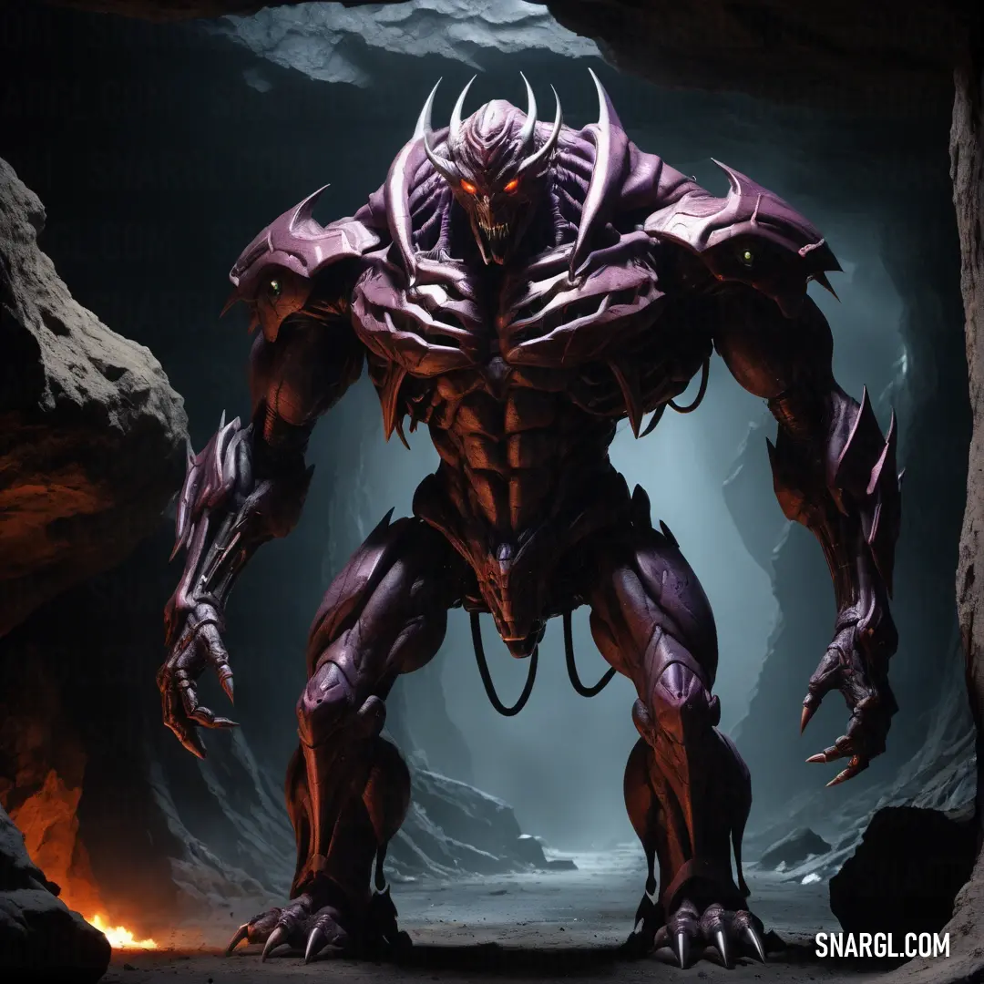 Demonic looking Mephisto standing in a cave with a fire in its mouth and a demon like body on its back