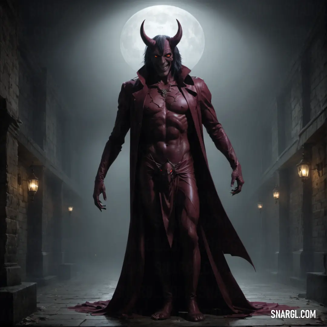 Mephisto in a devil costume standing in a dark alley way with a full moon behind him and a red cape