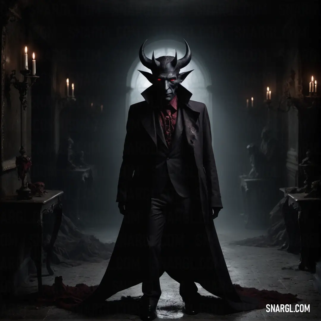 Mephisto in a devil mask and coat standing in a dark room with candles on the walls and a table