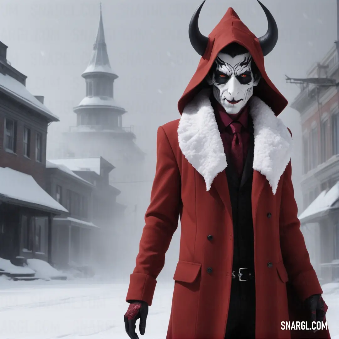 Mephisto in a red coat with a horned mask and a red coat with a red tie and a red coat with a white collar