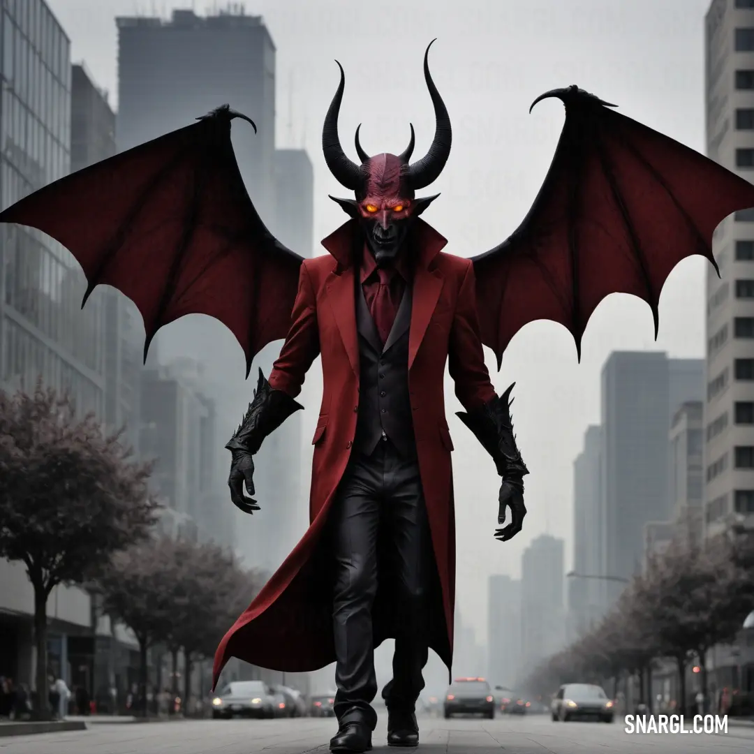 Man in a red coat and devil mask walking down a street with a red Mephisto mask on his face