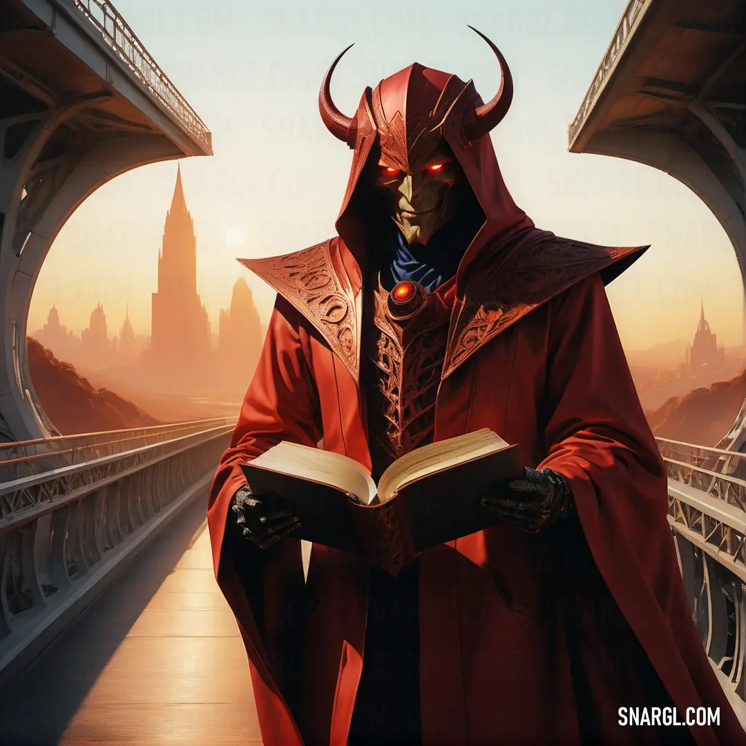 Mephisto in a red robe and horned mask reading a book on a bridge over looking a city with tall buildings