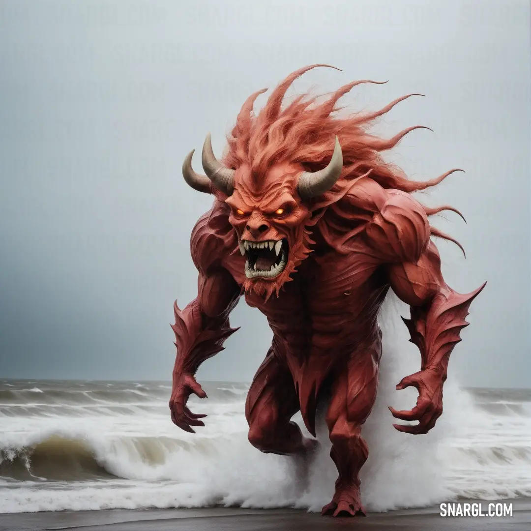 Red Mephisto is running through the water on a beach with waves crashing in the background and a gray sky