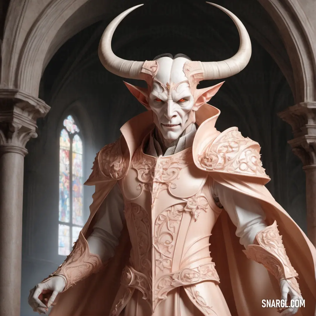 Statue of a Mephisto with horns and a cape on it's head in a cathedral with a stained glass window