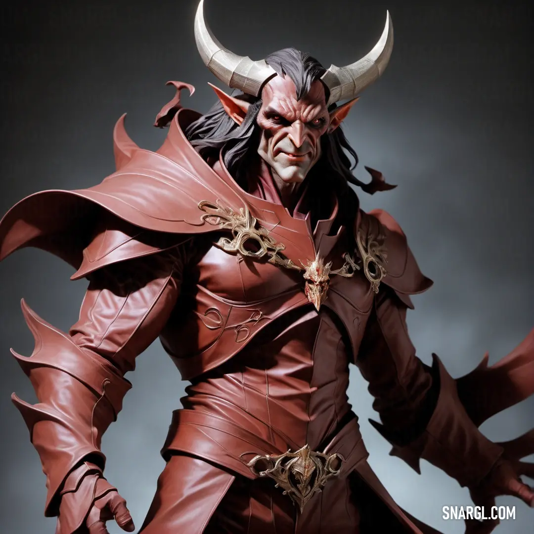 Statue of a Mephisto with horns and a cape on his head and a sword in his hand