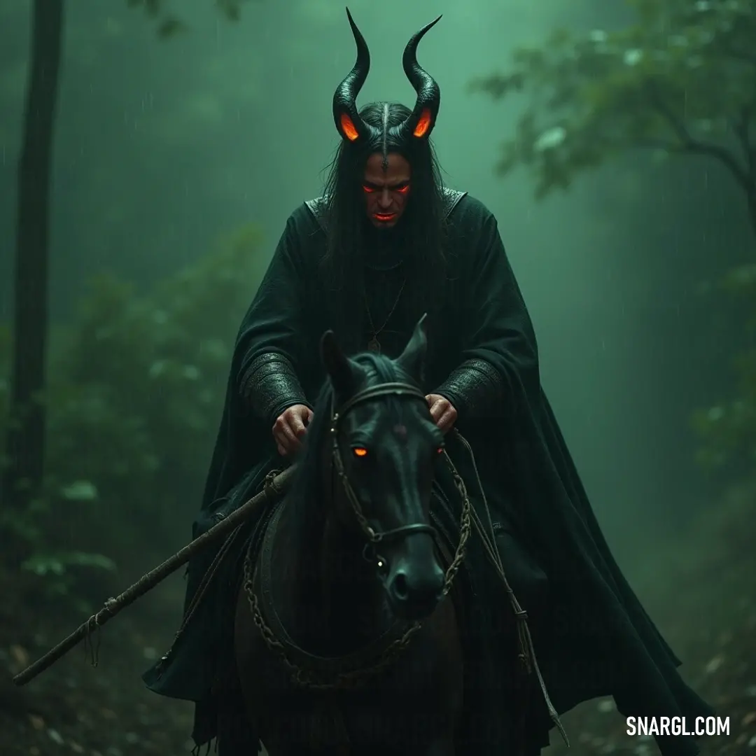Amidst the enchanting woods, Mephistopheles gallops fiercely on horseback, his horned mask shimmering with intrigue, as he drives forward with a sense of purpose and an air of mystery that envelops the forest around him. Mephistopheles rides a majestic horse through a dense forest, adorned in a striking horned mask that reflects the enchanting light filtering through the canopy above, lending an air of mystique and adventure to the trail.