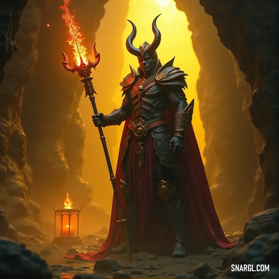 Mephistopheles stands in a shadowed cave, his red cape billowing as he wields a flame stick, the flickering lantern behind him adding to his mysterious presence. Mephistopheles, draped in a flowing red cape, holds a smoldering flame stick aloft in a cavernous lair. A dim lantern flickers in the background, casting eerie shadows as he surveys his domain with an enigmatic expression.