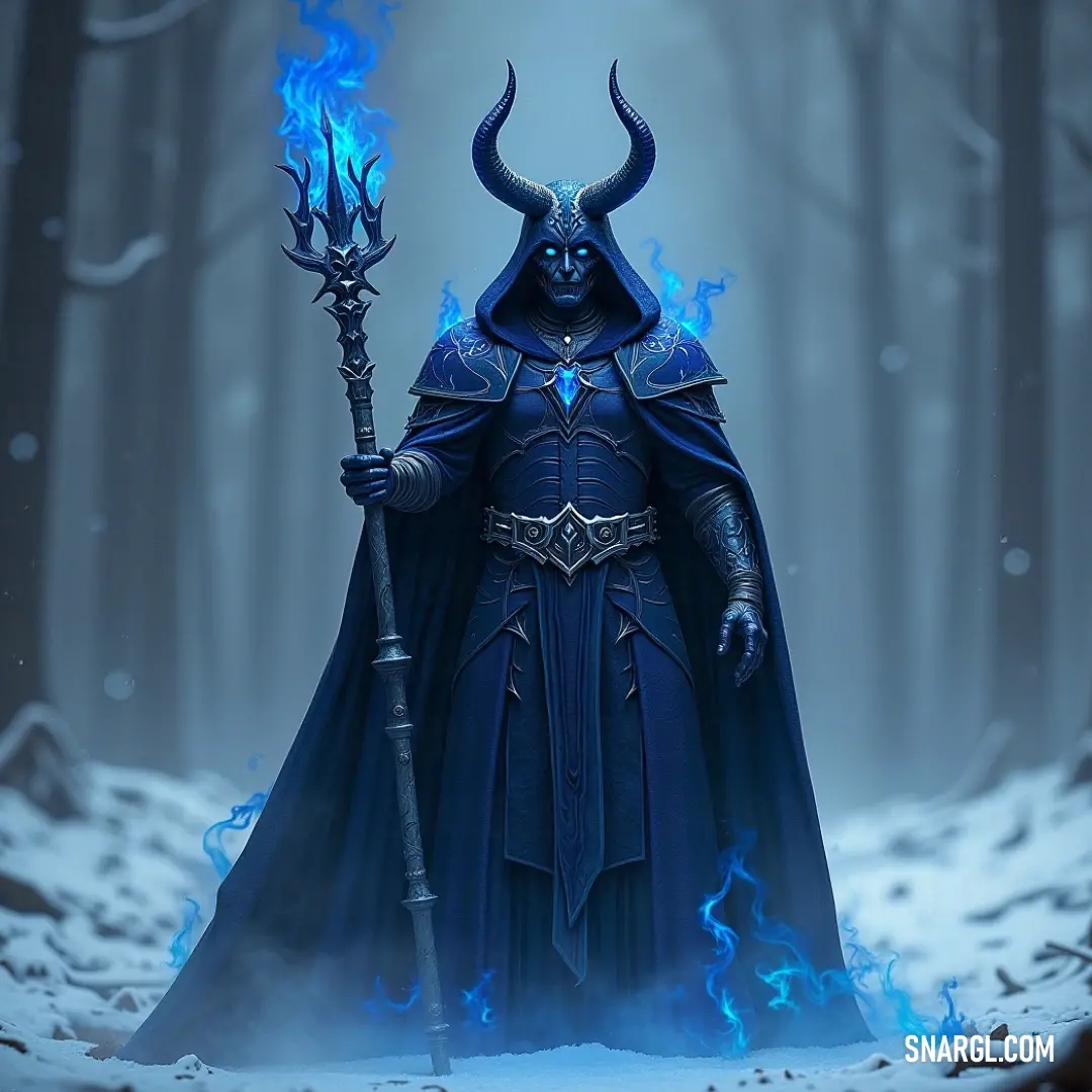 Mera in a blue cloak stands in a snowy forest, holding a blue flame stick that casts a magical glow over the surrounding trees. Mera, cloaked in blue, holds a glowing flame stick that illuminates the snowy forest around her. Trees tower above, their branches heavy with snow, as she stands like a guardian of the winter wilderness.