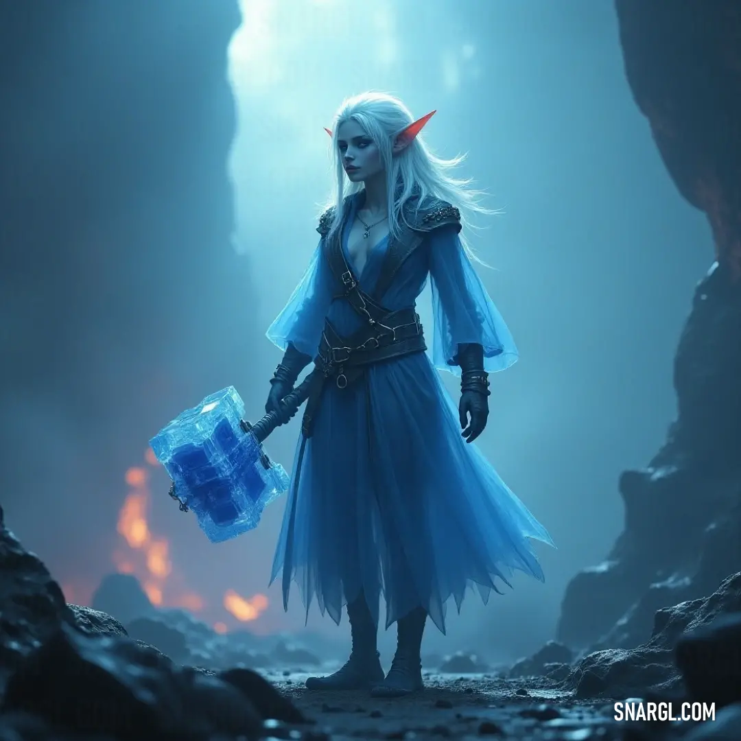 Merende in a graceful blue dress, embodying elegance and curiosity in a sunlit natural landscape. Merende stands gracefully in a striking blue dress, holding a vibrant blue container, her expression revealing a hint of curiosity amidst a natural backdrop awash with lush greenery and sunlight.
